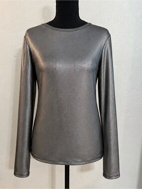Halogen Metallic Silver Long Sleeve Crewneck Top